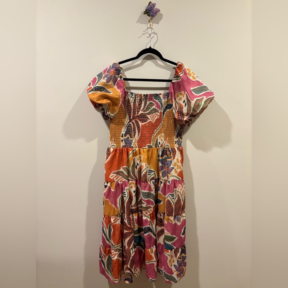 Pink and Orange Square Neck Puff Sleeve Midi Dress